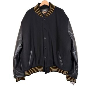 Rennoc Classic Mens Black Leather Wool Varsity Jacket Yellow Stripe Size 2XL